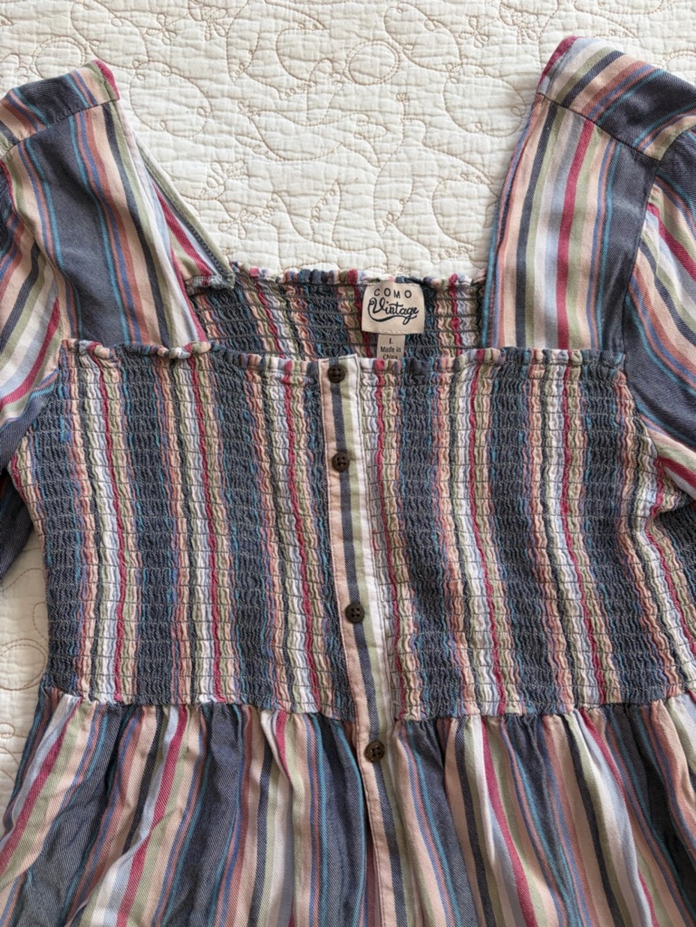 Como Vintage Blue and Pink Striped Smocked Button-Front Women’s Top Boho
